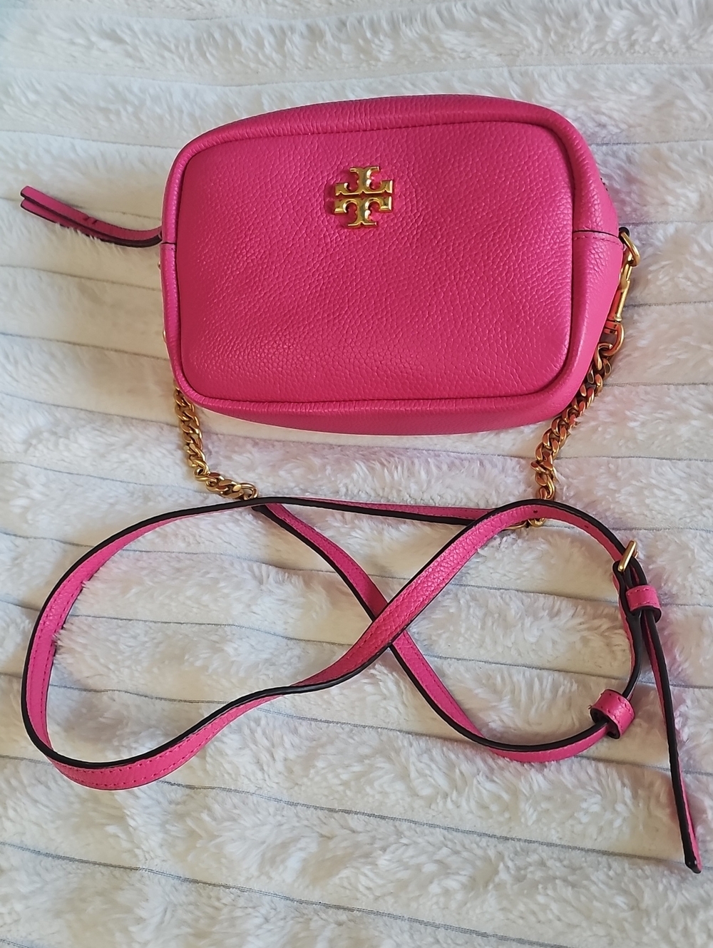 Tory Burch Hot Pink Pebbled Leather Crossbody with Gold Logo